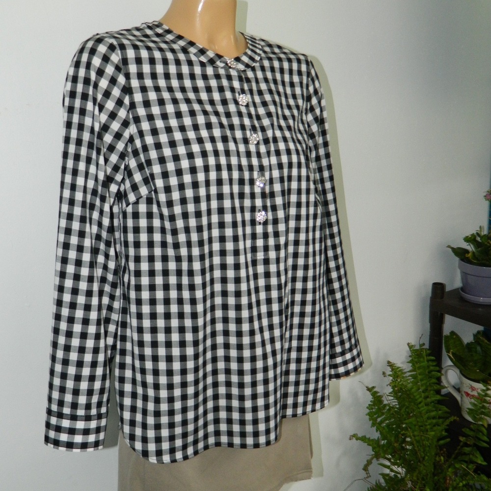 Talbots Blouse Womens MP Black White Gingham Rhinestone Button Long Sleeve Top